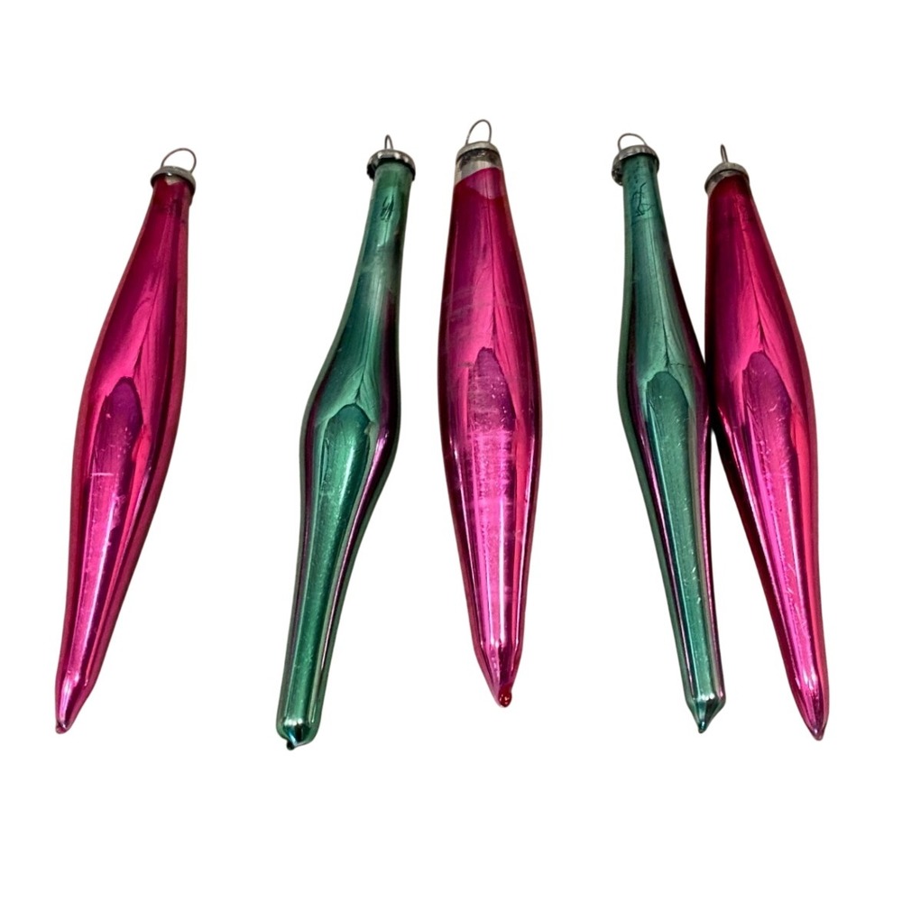 Vintage Franke Tear Drops Glass Tree Ornaments Pink Teal Set of 5 Japan 4040 - Picture 5 of 9